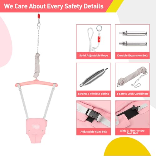 FUNLIO Baby Jumper with a Ceiling Hook for 6-24 Months, Baby Door Jumper for Indoor/Outdoor Play, Infant Jumper Doorway with Adjustable Chain, Easy to Assemble & Store (with a Ceiling Hook) - Pink - Image 3