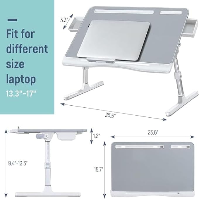 rayihni LAPTOP BED TRAY DESK, ADJUSTABLE PVC LEATHER BED TABLE WITH STORAGE DRAWERS,PORTABLE LAPTOP STAND WITH FOLDABLE LEGS FOR BED SOFA COUCH FLOOR - Image 2