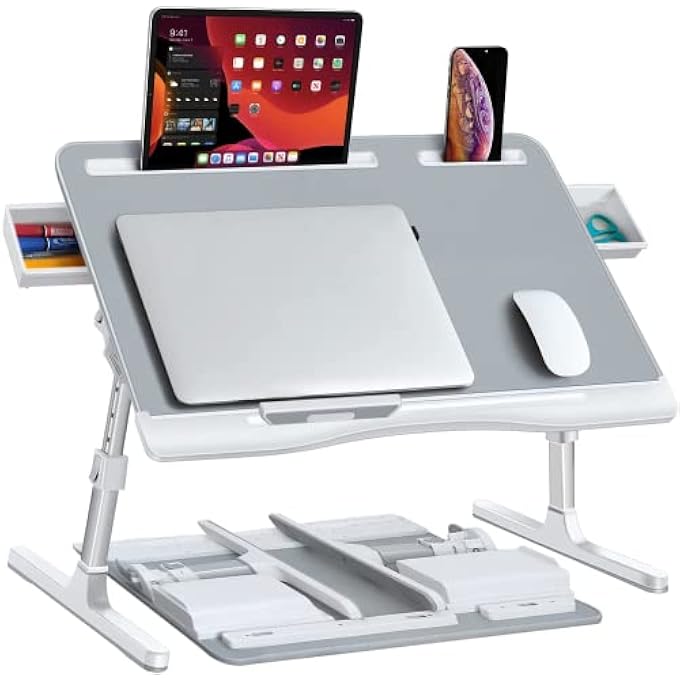 rayihni LAPTOP BED TRAY DESK, ADJUSTABLE PVC LEATHER BED TABLE WITH STORAGE DRAWERS,PORTABLE LAPTOP STAND WITH FOLDABLE LEGS FOR BED SOFA COUCH FLOOR - Image 1