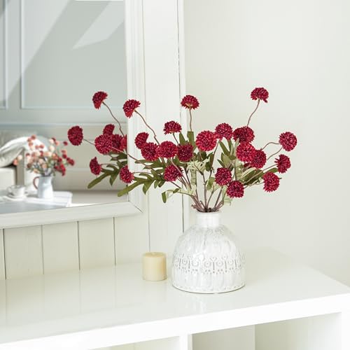 Laelfe Artificial Kiku Flower Wind Red- 5 Pcs Fake Pompon Mums Silk Small Chrysanthemum Faux Ball Fall Flower Stem Decor for Wedding Filler DIY Bouquet Centerpieces Arrangements Shower (Dark Red) - Image 2