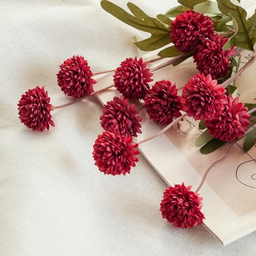 Laelfe Artificial Kiku Flower Wind Red- 5 Pcs Fake Pompon Mums Silk Small Chrysanthemum Faux Ball Fall Flower Stem Decor for Wedding Filler DIY Bouquet Centerpieces Arrangements Shower (Dark Red) - Image 3
