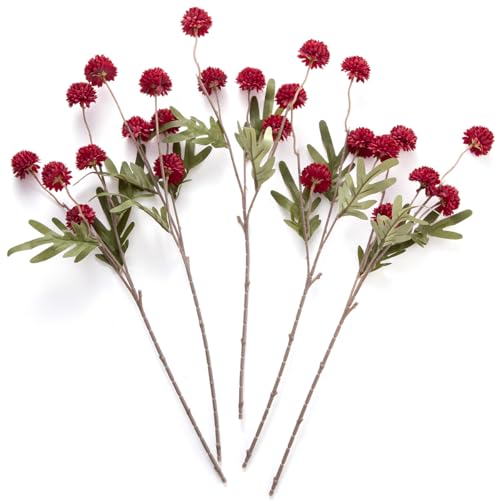 Laelfe Artificial Kiku Flower Wind Red- 5 Pcs Fake Pompon Mums Silk Small Chrysanthemum Faux Ball Fall Flower Stem Decor for Wedding Filler DIY Bouquet Centerpieces Arrangements Shower (Dark Red) - Image 1