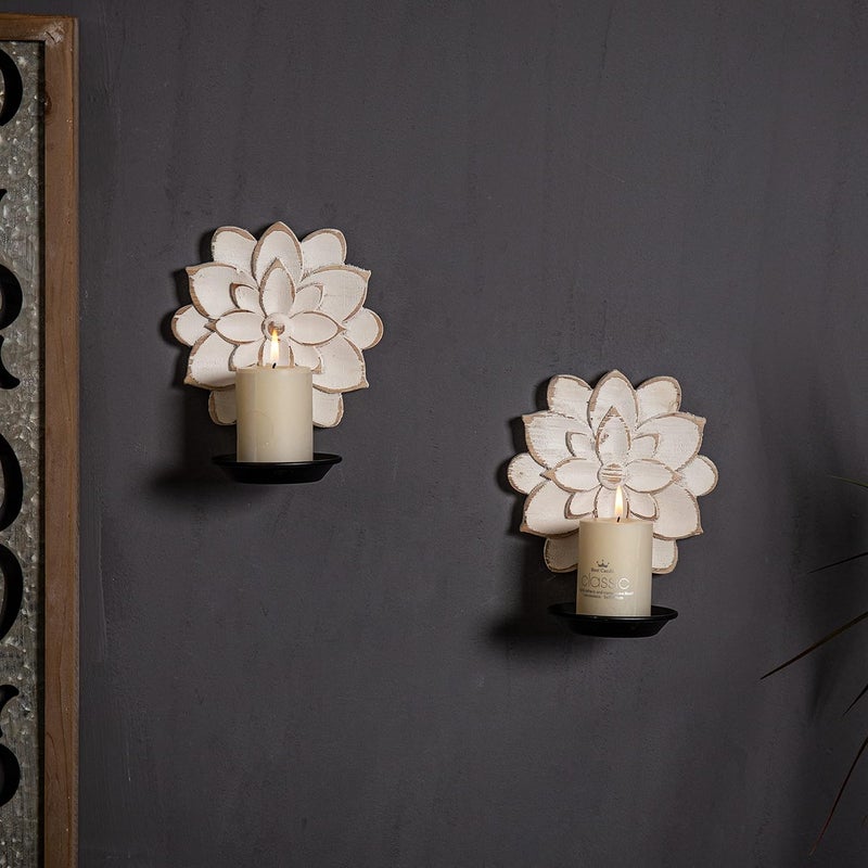 Sofe Farmhouse Candle Sconces Set of Two, Handcarved Wall Candle Holders Decorative, Flower Pattern, Distressed Finish Rustic Candle Holder Wall Decor for Living Room, Hallway - Image 3