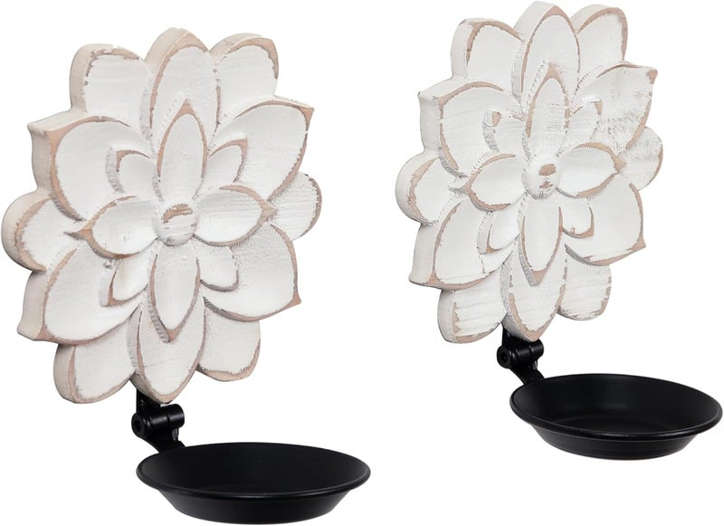 Sofe Farmhouse Candle Sconces Set of Two, Handcarved Wall Candle Holders Decorative, Flower Pattern, Distressed Finish Rustic Candle Holder Wall Decor for Living Room, Hallway - Image 2