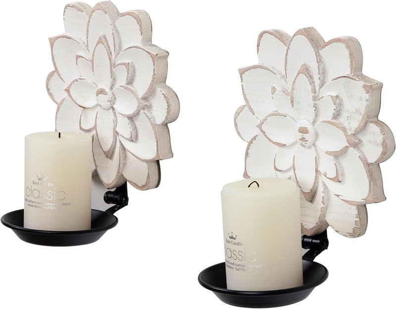 Sofe Farmhouse Candle Sconces Set of Two, Handcarved Wall Candle Holders Decorative, Flower Pattern, Distressed Finish Rustic Candle Holder Wall Decor for Living Room, Hallway - Image 5