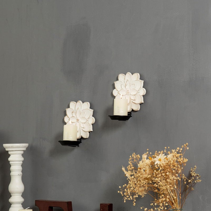 Sofe Farmhouse Candle Sconces Set of Two, Handcarved Wall Candle Holders Decorative, Flower Pattern, Distressed Finish Rustic Candle Holder Wall Decor for Living Room, Hallway - Image 4