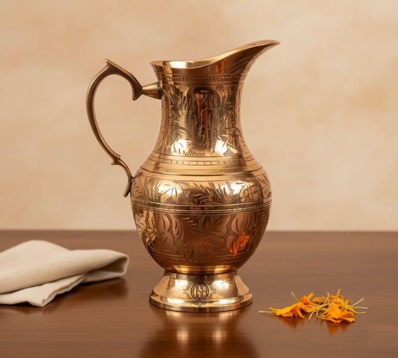 DSH Crafting Your Curiosity Brass Jug/Pitcher Designer Embossed Mughal Style for Serving Drinking Water, Home Decor Drinkware & Tableware Gold 1060 Ml - Image 1