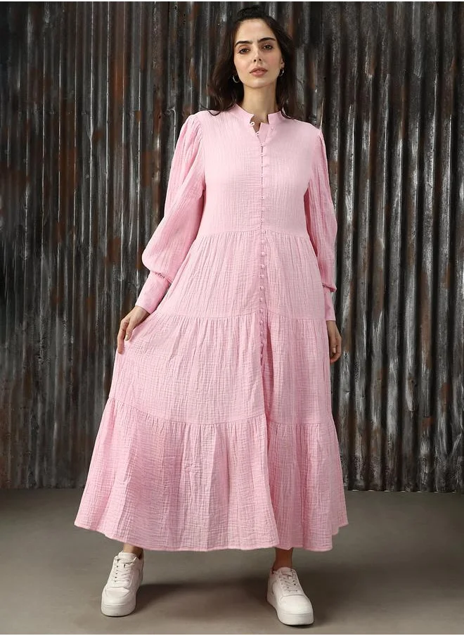 HIGH STAR Women Mandarin Neck Balloon Sleeves Pure Cotton A-Line Fit & Flare Textured Cotton Midi Dress