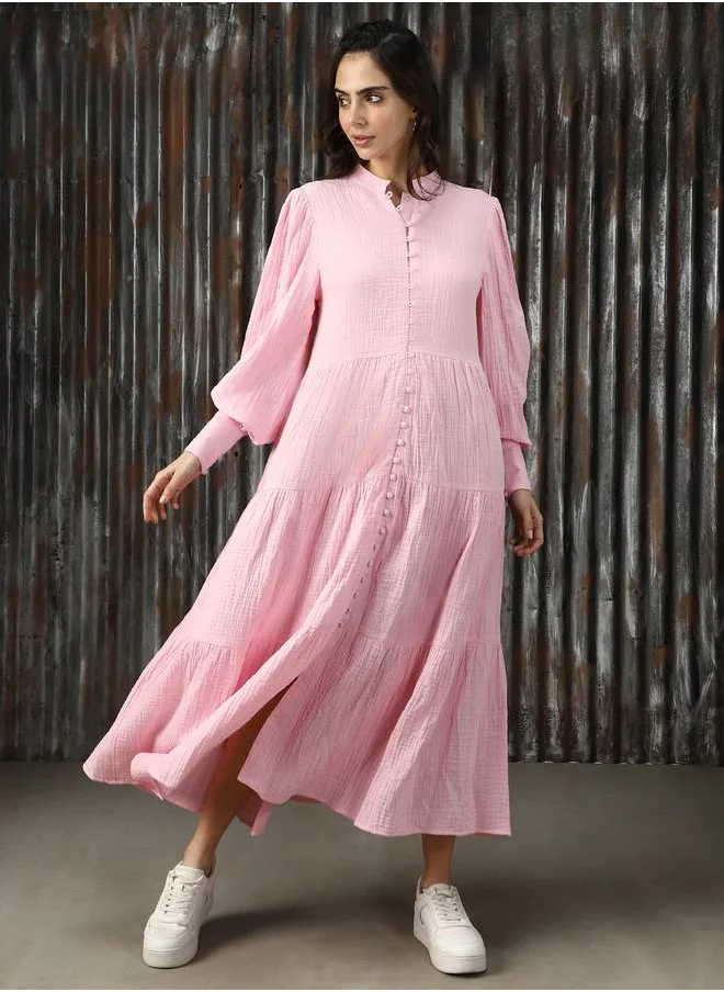 HIGH STAR Women Mandarin Neck Balloon Sleeves Pure Cotton A-Line Fit & Flare Textured Cotton Midi Dress