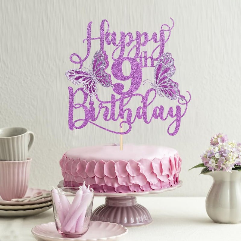 Kaoenla 3D Butterfly Happy 9th Birthday Cake Topper  Glitter Butterfly Theme 9 years old/nine Birthday/Anniversary Party Cake Decor (9th  Purple) - Image 2