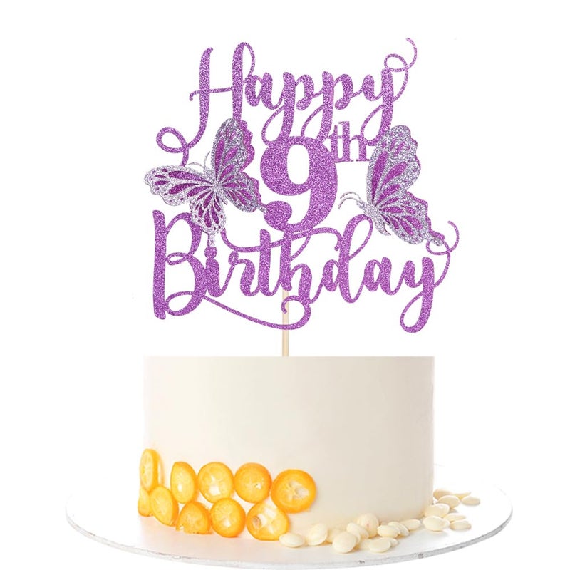 Kaoenla 3D Butterfly Happy 9th Birthday Cake Topper  Glitter Butterfly Theme 9 years old/nine Birthday/Anniversary Party Cake Decor (9th  Purple) - Image 1