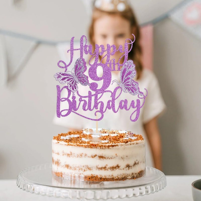 Kaoenla 3D Butterfly Happy 9th Birthday Cake Topper  Glitter Butterfly Theme 9 years old/nine Birthday/Anniversary Party Cake Decor (9th  Purple) - Image 4