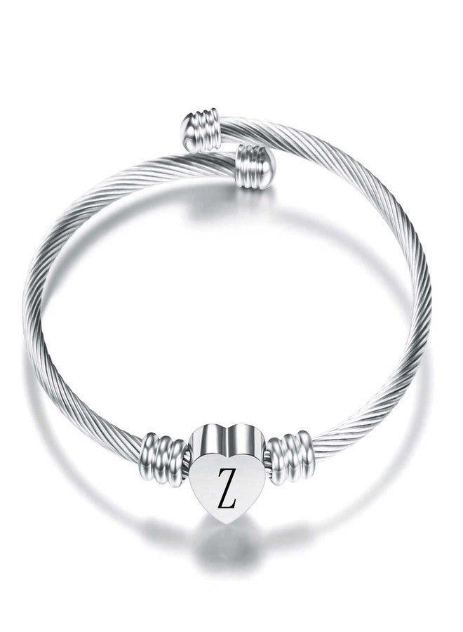 VQYSKO Silver Heart Initials Bracelet-A-Z Stainless Steel Engraved Charm Bracelet, Woman Jewelry Birthday Festival Gift (Silver Z) - Image 1