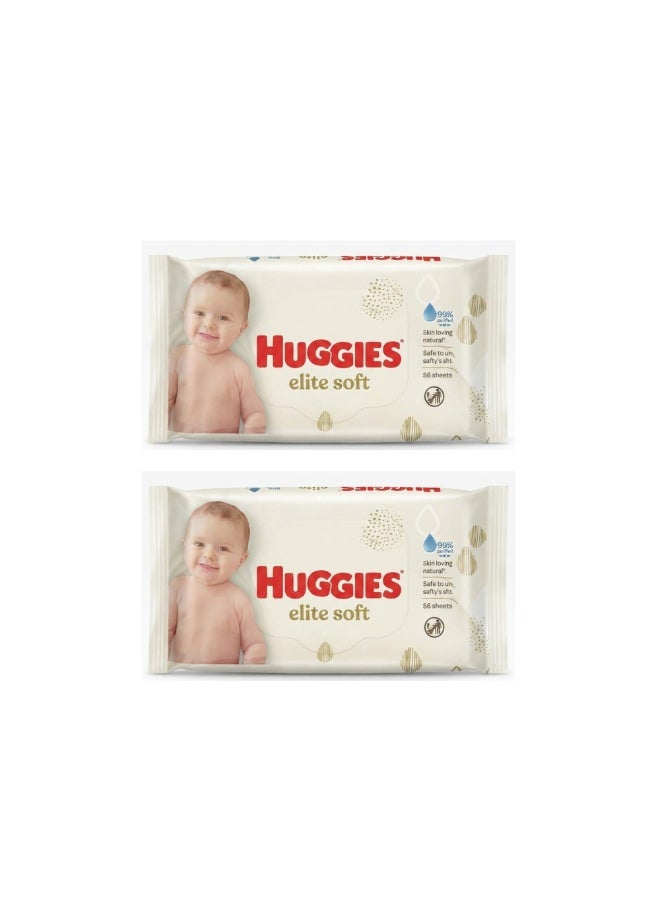 Huggies Elite Soft Baby Wipes, Pack of 2, 56 Sheets Each, Soft and Gentle Wet Wipes for Babies