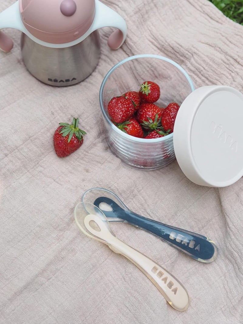 Baba ملعقة سيليكون من بيبا للمرحلة الثانية - مجموعة من 4 ملاعق تدريب للرضع ذاتية التغذية مع طرف ناعم للغاية، صديقة للثة، مقابض مريحة، خالية من BPA، أزرق داكن، وردي قديم، ضبابي فاتح وأخضر هوائي، 8 أشهر وما فوق - Image 3