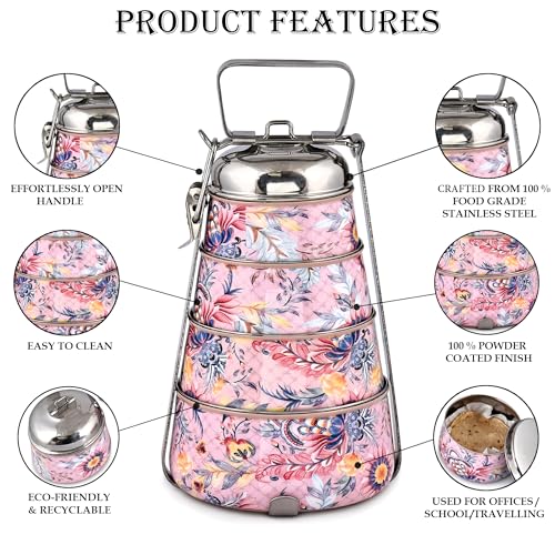Elan Stainless Steel Lunch Box with Handle | Tiffin with Lid and Handle | 4 Compartment Traditional Tiffin Box | Easy to Carry | Locking Clip | School and Office Use (Nude) - Image 3