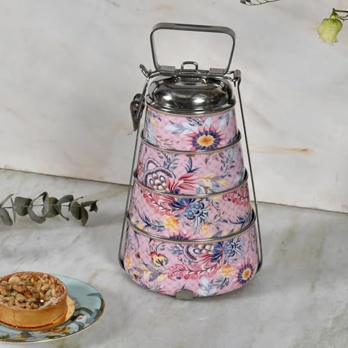 Elan Stainless Steel Lunch Box with Handle | Tiffin with Lid and Handle | 4 Compartment Traditional Tiffin Box | Easy to Carry | Locking Clip | School and Office Use (Nude) - Image 1