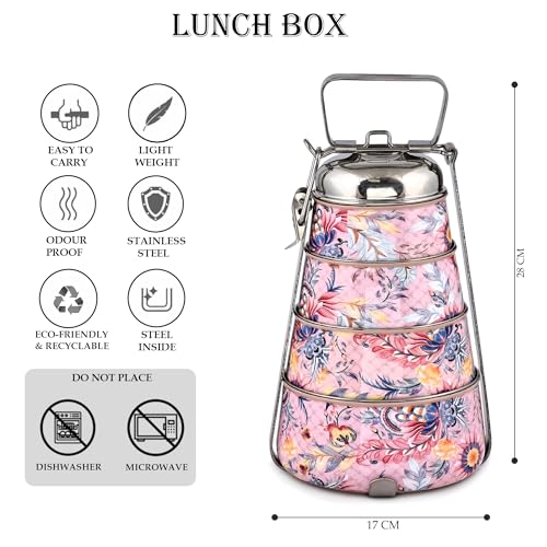 Elan Stainless Steel Lunch Box with Handle | Tiffin with Lid and Handle | 4 Compartment Traditional Tiffin Box | Easy to Carry | Locking Clip | School and Office Use (Nude) - Image 2