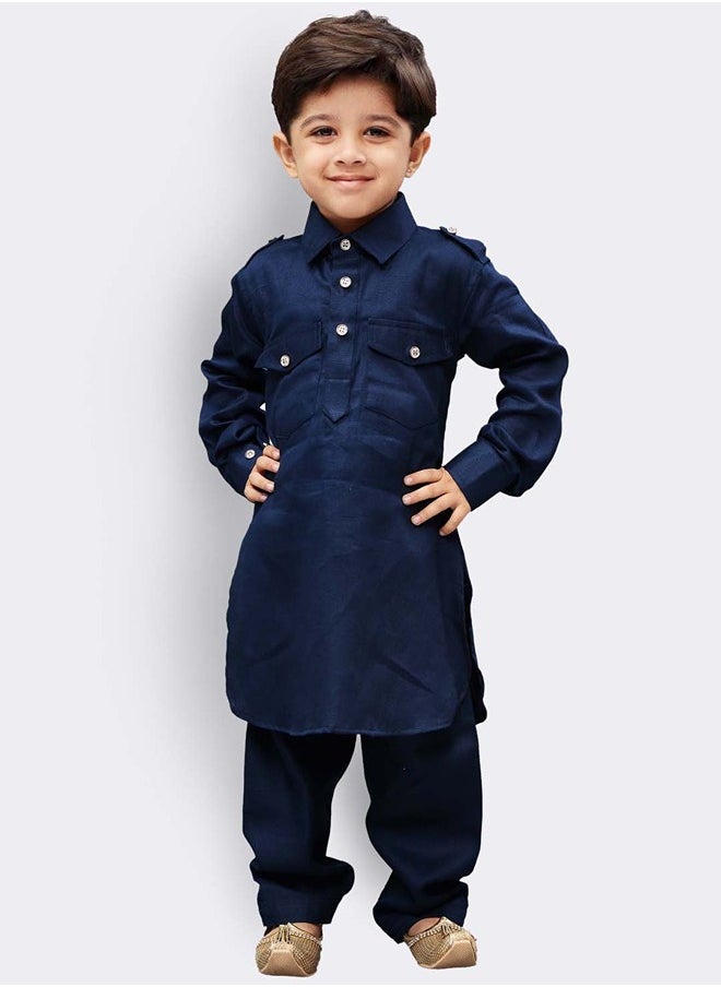 PRASHA - Boys' Navy Blue Cotton Pathani Kurta Set - Image 1