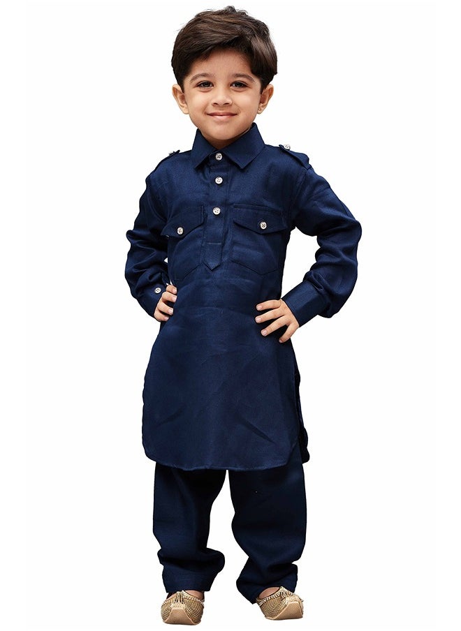 PRASHA - Boys' Navy Blue Cotton Pathani Kurta Set - Image 1