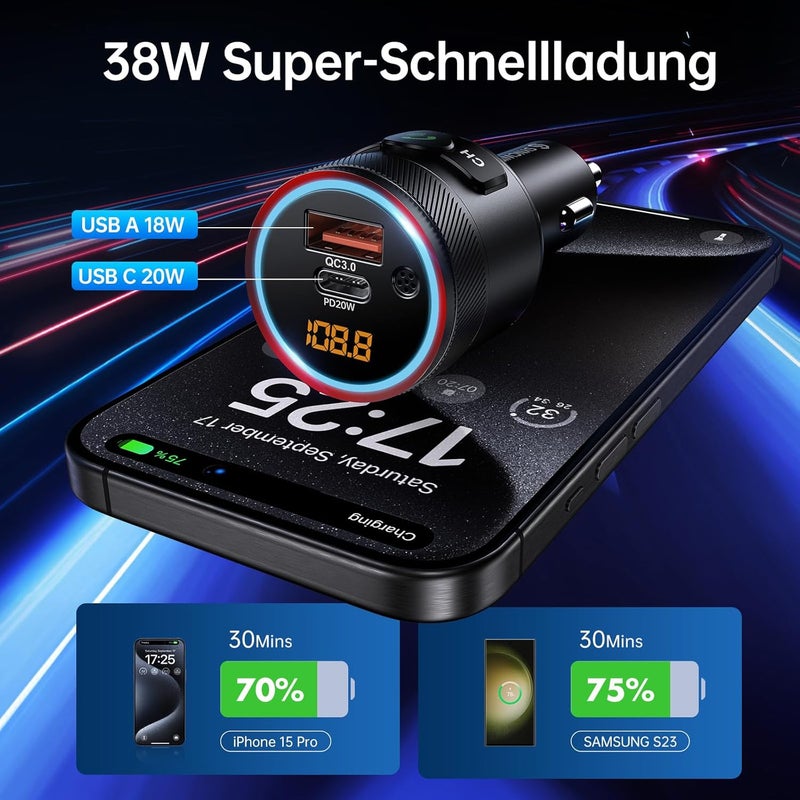 Syncwire جهاز إرسال FM بلوتوث 5.4 للسيارة، شاحن مزدوج USB بقوة 38 واط PD&QC3.0 مع ميكروفون وصوت جهير ومشغل موسيقى MP3 مع مكالمات بدون استخدام اليدين - Image 4