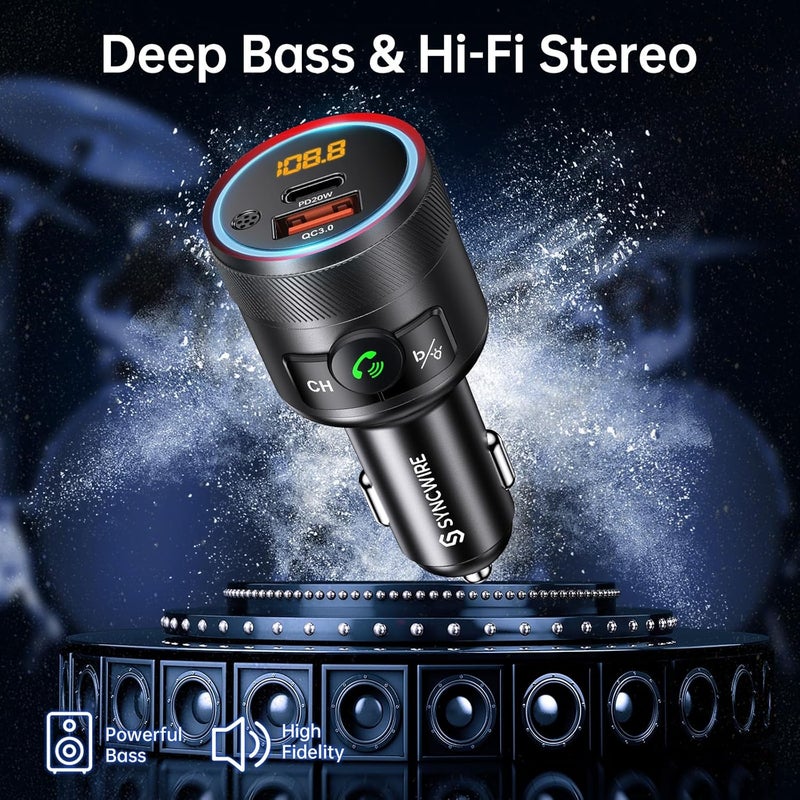 Syncwire جهاز إرسال FM بلوتوث 5.4 للسيارة، شاحن مزدوج USB بقوة 38 واط PD&QC3.0 مع ميكروفون وصوت جهير ومشغل موسيقى MP3 مع مكالمات بدون استخدام اليدين - Image 3