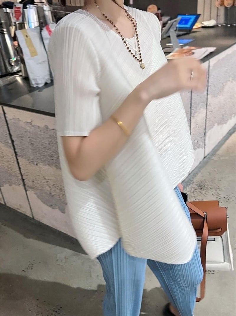 Miyake Pleated Top Irregular Short-sleeved Summer Pleated Loose Vest Cyber Popular Niche Crewneck Slim T-shirt Women white short sleeve