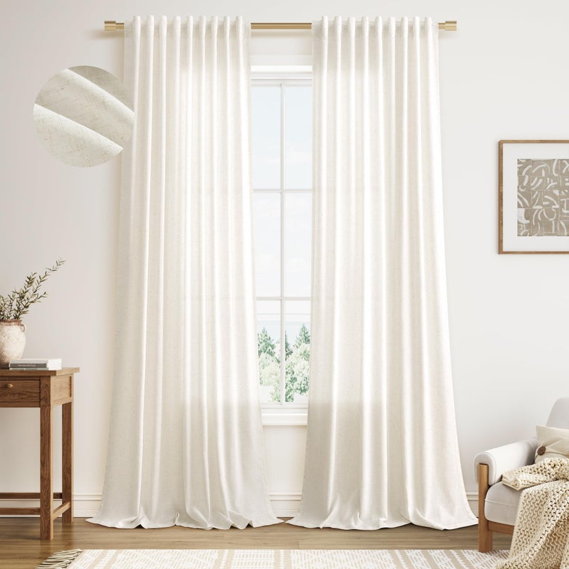 Nanspring Linen Curtains 96 Inches Long for Living Room 2 Panels Back Tab Modern Farmhouse Light Filtering 8ft Ceiling to Floor Privacy Boho Drapes for Bedroom Dining Ivory Cream W52 x L96 - Image 1