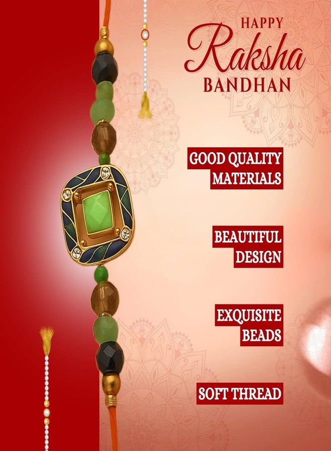Sage Square Rakhi for Brother, Bhai with Roli Chawal | Raksha Bandhan | Designer Beads, Stones, Decorative Work | Stylish Handcrafted Rakhi Gifting for Sibling Festival Celebration (Type 39) - Image 5