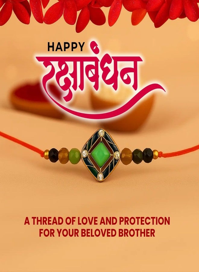Sage Square Rakhi for Brother, Bhai with Roli Chawal | Raksha Bandhan | Designer Beads, Stones, Decorative Work | Stylish Handcrafted Rakhi Gifting for Sibling Festival Celebration (Type 39) - Image 4