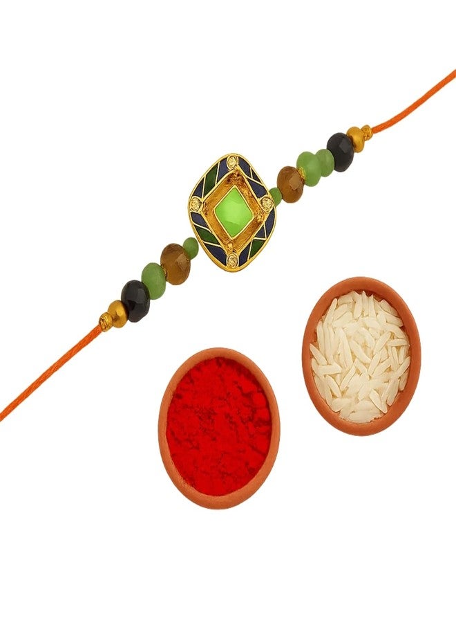 Sage Square Rakhi for Brother, Bhai with Roli Chawal | Raksha Bandhan | Designer Beads, Stones, Decorative Work | Stylish Handcrafted Rakhi Gifting for Sibling Festival Celebration (Type 39) - Image 1
