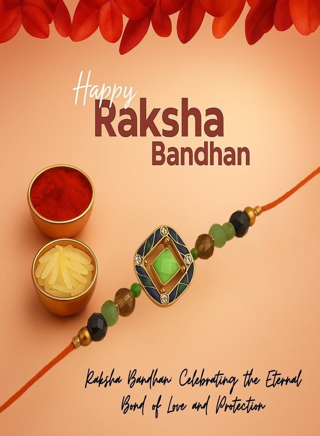 Sage Square Rakhi for Brother, Bhai with Roli Chawal | Raksha Bandhan | Designer Beads, Stones, Decorative Work | Stylish Handcrafted Rakhi Gifting for Sibling Festival Celebration (Type 39) - Image 2