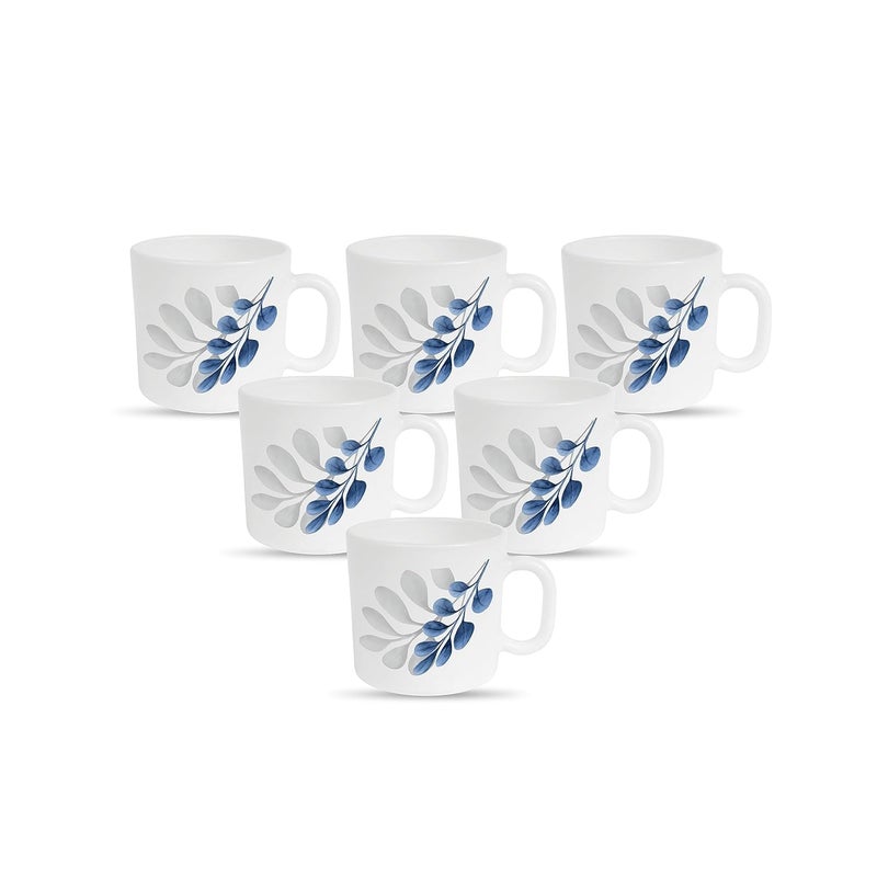 La Opala Diva Pearl Collection Opal Glass Crockery Coffee Mug Regular Set of 6 Indigo Bliss 190 ml for Tea Coffee Microwave Safe 100 Vegetarian Extra Strong Super Light White - Image 1