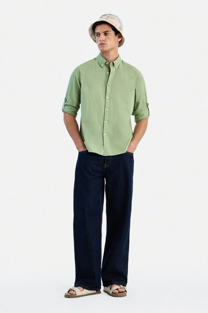 SNITCH Sage Green Solid Long Sleeve Regular Fit Shirt