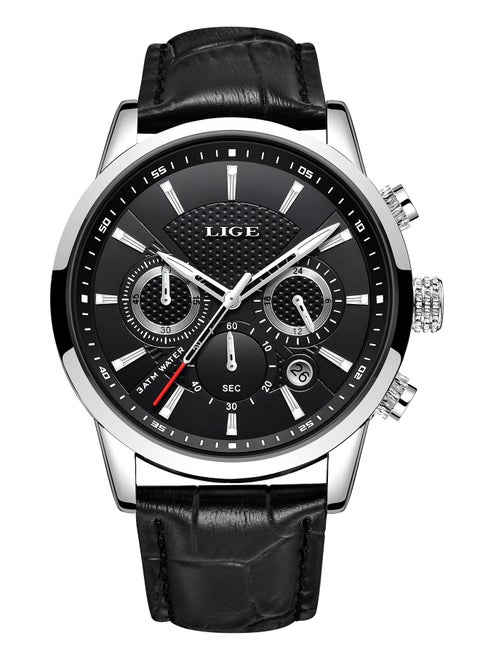 Mens Luxury Waterproof Black Leather Strap and Dial Fashion Quartz Watches Luminous Chronograph Sports Watch for Business Men