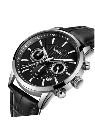 Mens Luxury Waterproof Black Leather Strap and Dial Fashion Quartz Watches Luminous Chronograph Sports Watch for Business Men - view 2