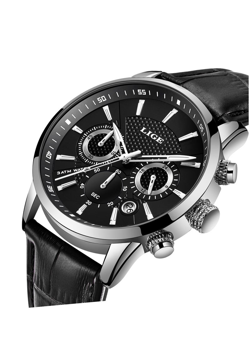 LIGE Mens Luxury Waterproof Black Leather Strap and Dial Fashion Quartz Watches Luminous Chronograph Sports Watch for Business Men  - Image 2