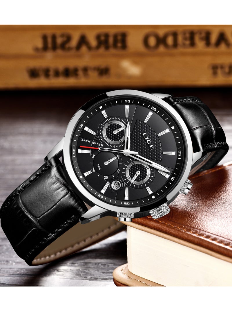 LIGE Mens Luxury Waterproof Black Leather Strap and Dial Fashion Quartz Watches Luminous Chronograph Sports Watch for Business Men  - Image 3