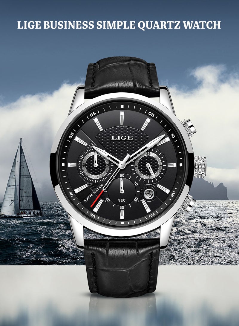 LIGE Mens Luxury Waterproof Black Leather Strap and Dial Fashion Quartz Watches Luminous Chronograph Sports Watch for Business Men  - Image 4