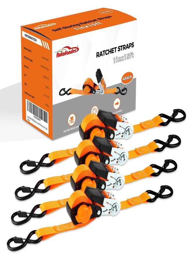 Autofonder Self-Storing NeatStrap Ratchet Strap with Safety Lock S Hooks-1,500lbs Break Strength-Motorcycle, Kayak Ratcheting Straps 1" x 15' Tie-Downs for Pickup Bed,Moving Truck,Trailer(4PK) - Image 1