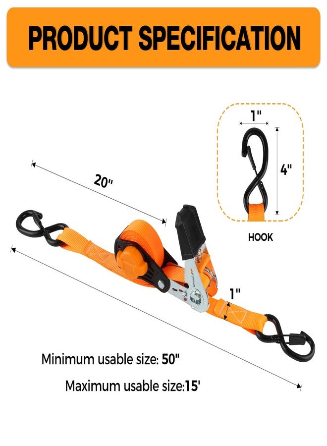 Autofonder Self-Storing NeatStrap Ratchet Strap with Safety Lock S Hooks-1,500lbs Break Strength-Motorcycle, Kayak Ratcheting Straps 1" x 15' Tie-Downs for Pickup Bed,Moving Truck,Trailer(4PK) - Image 4