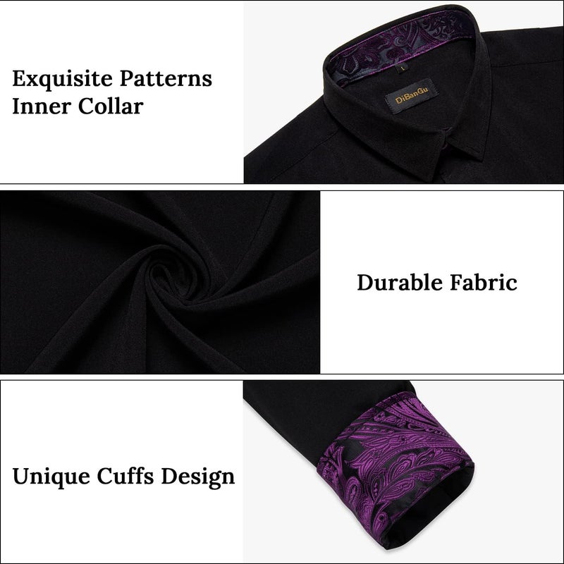DiBanGu Men's Dress Shirt Long Sleeve Casual Button Down Shirts Regular Fit Inner Contrast Shirt for Business Party, Black and Purple, Large - Image 5