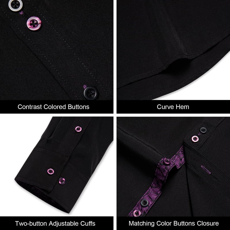 DiBanGu Men's Dress Shirt Long Sleeve Casual Button Down Shirts Regular Fit Inner Contrast Shirt for Business Party, Black and Purple, Large - Image 4