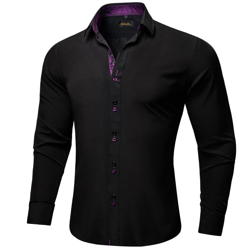 DiBanGu Men's Dress Shirt Long Sleeve Casual Button Down Shirts Regular Fit Inner Contrast Shirt for Business Party, Black and Purple, Large - Image 2