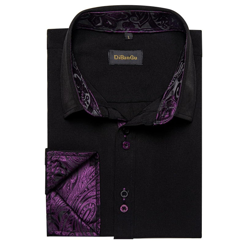 DiBanGu Men's Dress Shirt Long Sleeve Casual Button Down Shirts Regular Fit Inner Contrast Shirt for Business Party, Black and Purple, Large - Image 3
