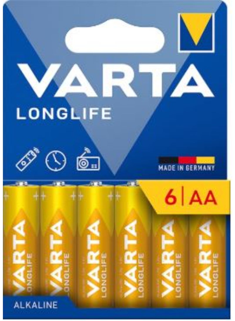 VARTA 6 Pieces VARTA Longlife AA Alkaline Battery High performance, Long-lasting Batteries for Everyday Devices - Ideal for Remote Controls, Toys, Flashlights,