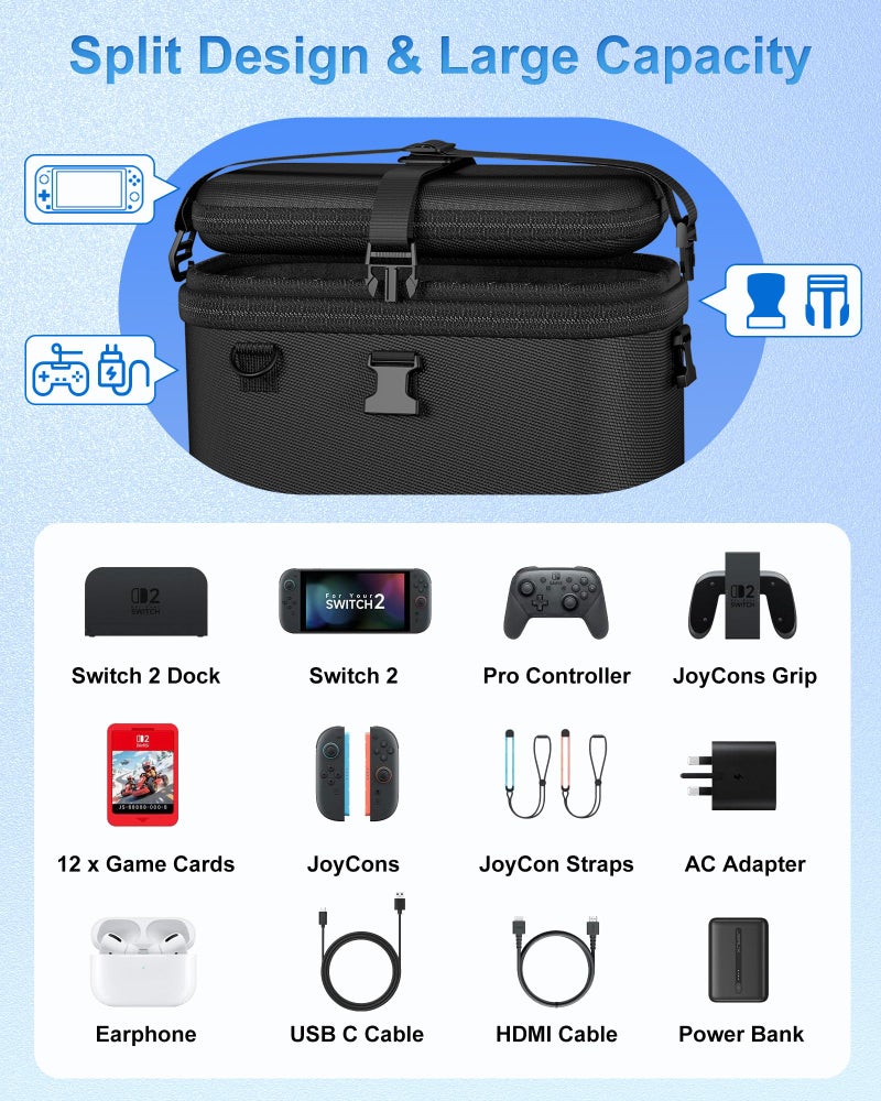 ProCase All-in-One Carrying Case for Nintendo Switch 2, Dual-Layer Hard Shell Travel Bag for Console, Dock, Controllers & Accessories, Protective Storage Case, Large Capacity - Black - Image 3