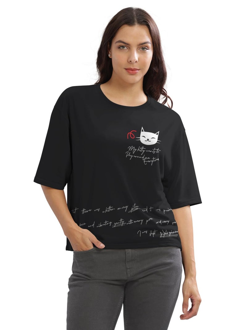HELLCAT Cotton Blend Black Printed Loose Fit Crew-Neck Crop T-Shirt for Women/Black/XX-Large - Image 1