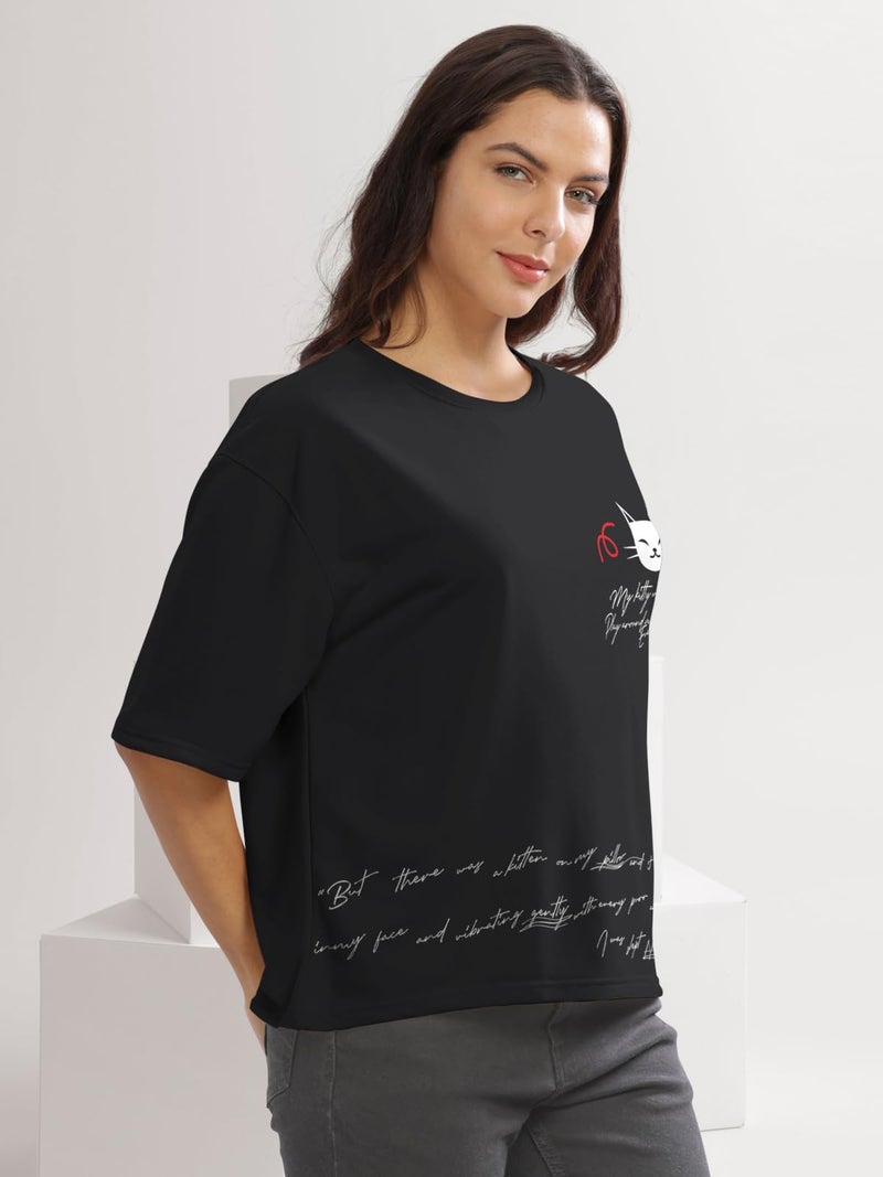 HELLCAT Cotton Blend Black Printed Loose Fit Crew-Neck Crop T-Shirt for Women/Black/XX-Large - Image 4