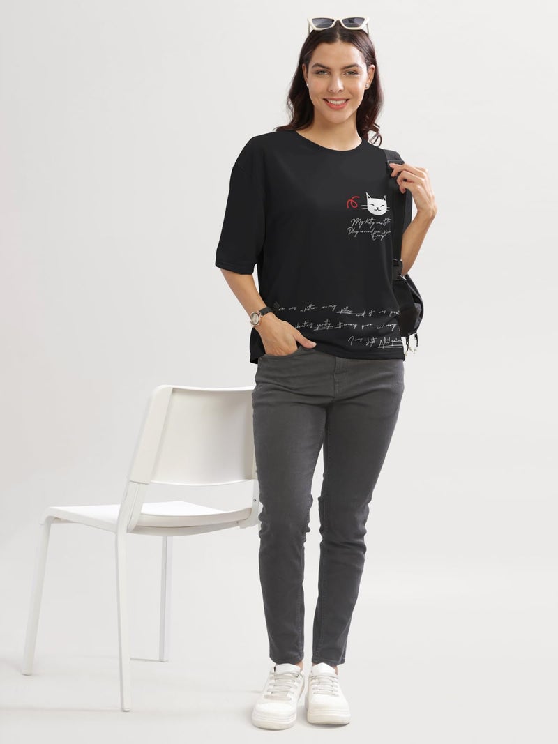HELLCAT Cotton Blend Black Printed Loose Fit Crew-Neck Crop T-Shirt for Women/Black/XX-Large - Image 5